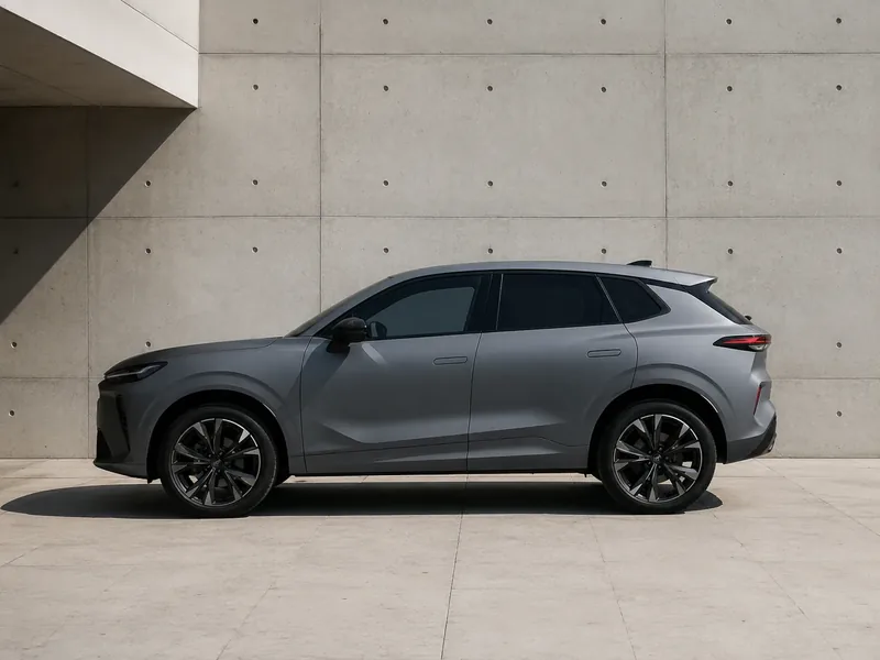 A grey estate car photographed side-on against a board-marked concrete wall.