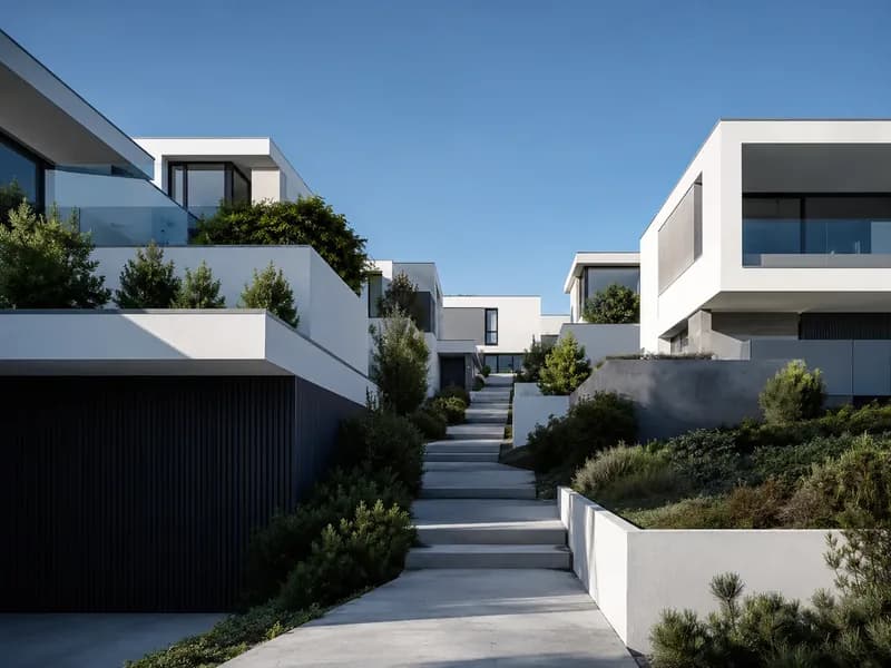 A quiet modern building exterior in warm, even daylight.