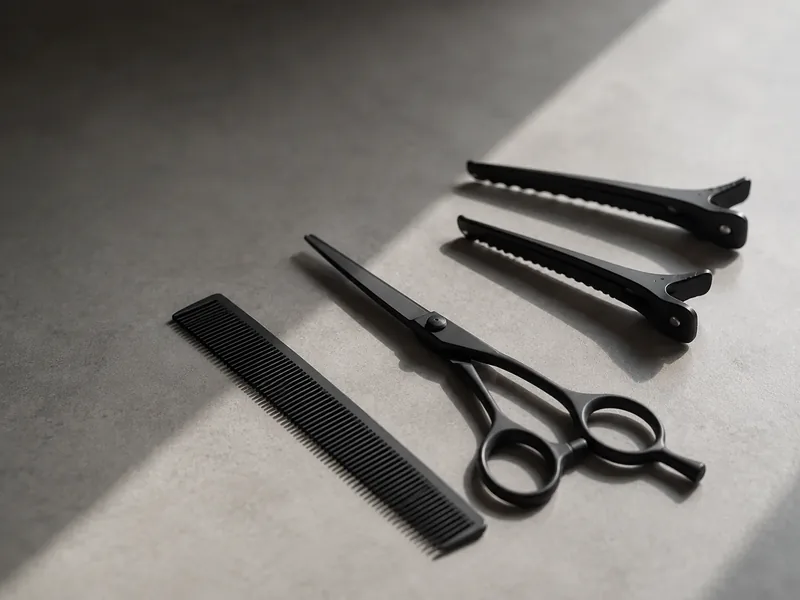 Black scissors, comb and clips laid on a pale stone counter in raking light.