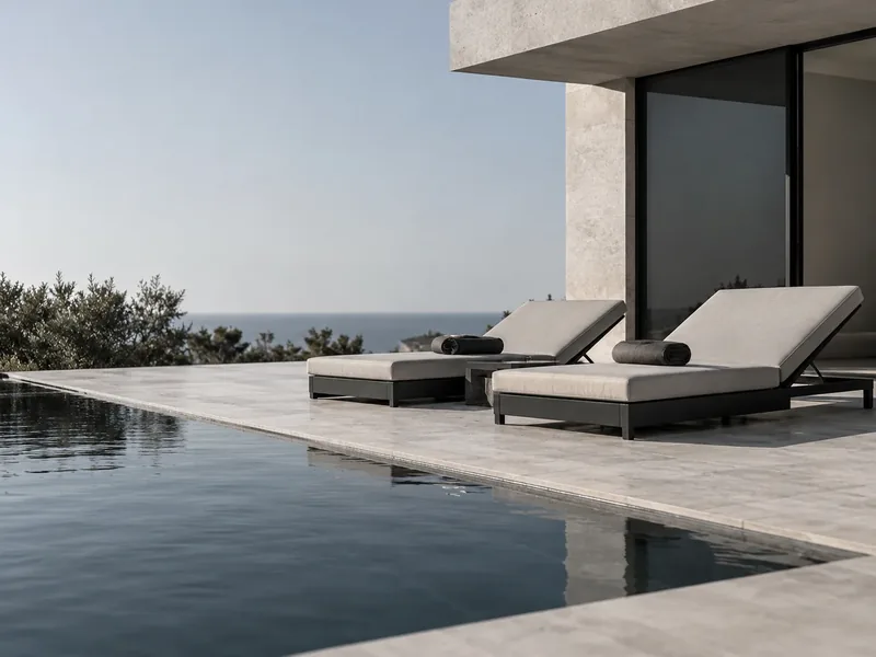 Loungers on a stone terrace beside an infinity pool, with the sea beyond.