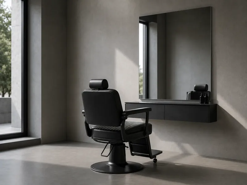 A black barber chair facing a frameless mirror