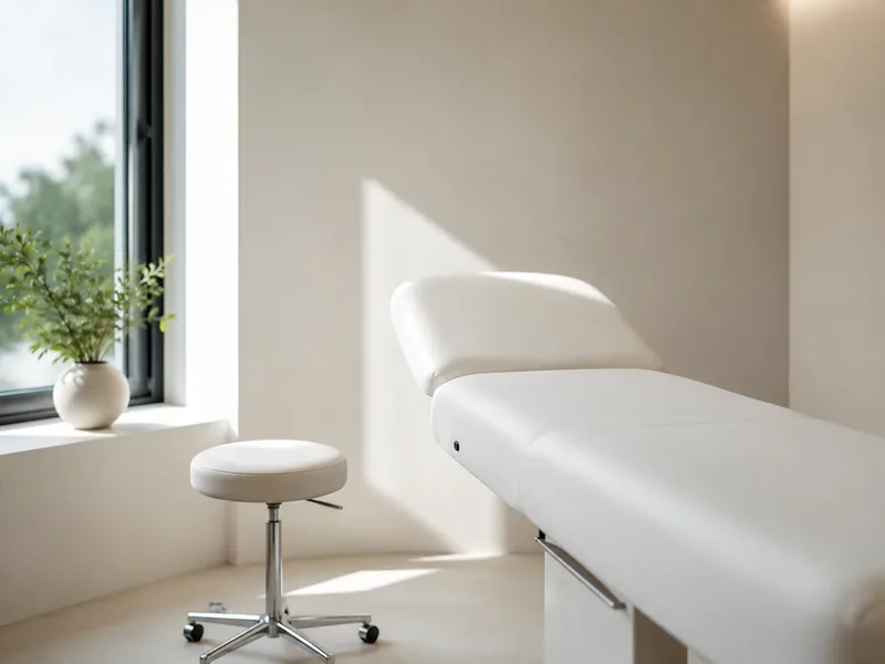 A treatment couch and stool in a bright, empty room