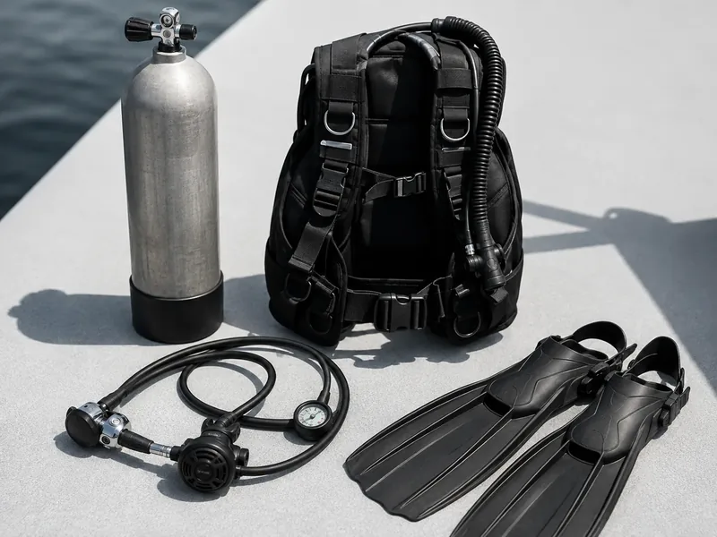 Dive gear on a quay — tank, buoyancy jacket, regulator and fins