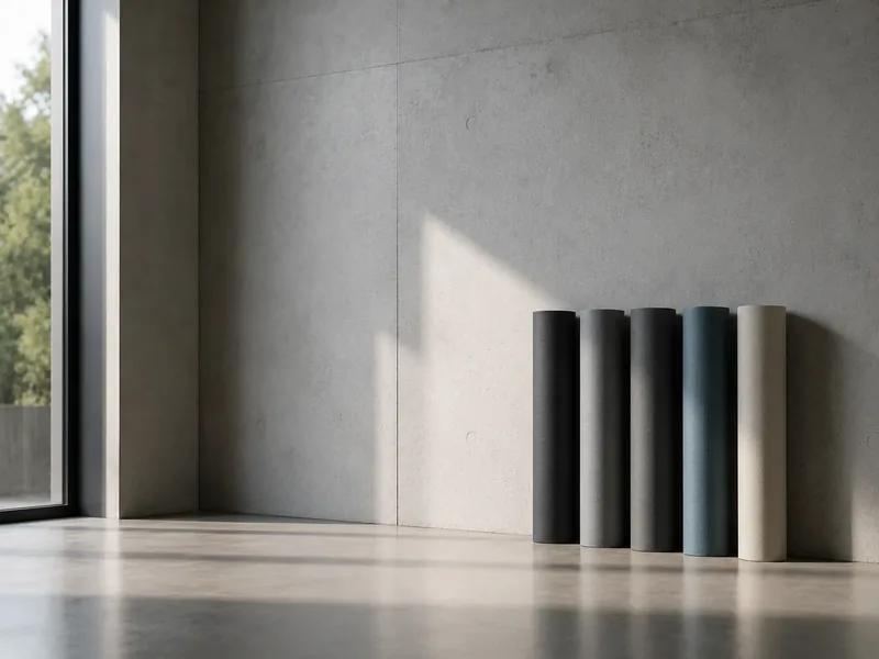 Rolled exercise mats against a concrete wall
