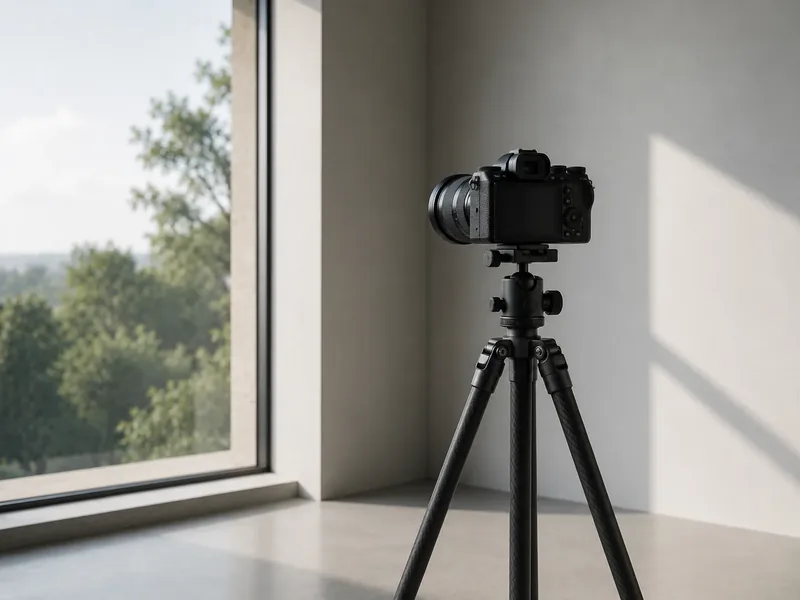 A camera on a tripod facing a large window