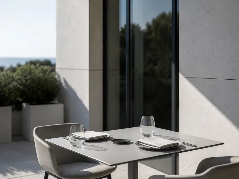 A table for two on a terrace, laid before service