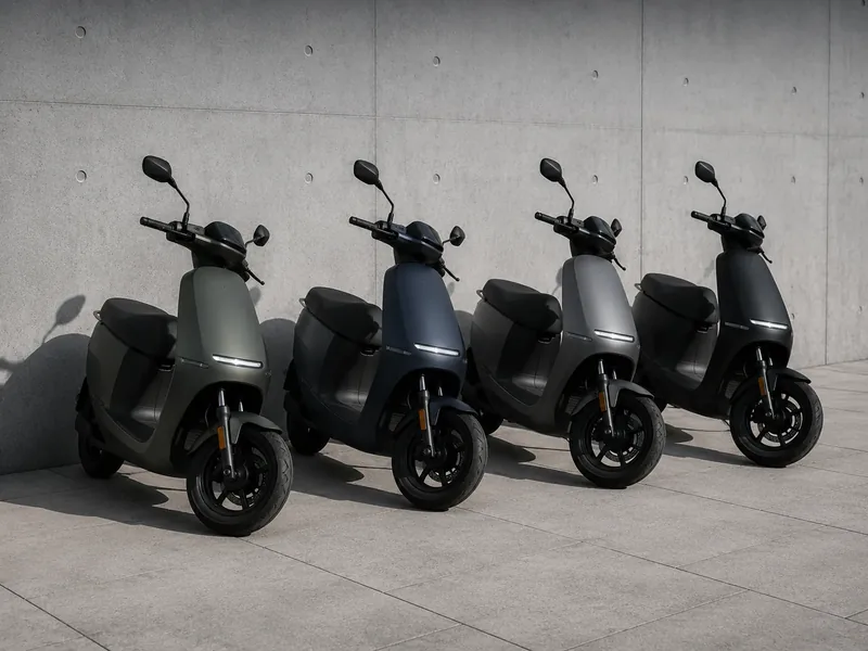 Four electric scooters in a row against a concrete wall