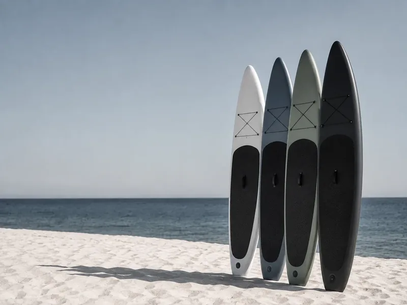 Paddleboards stacked upright on pale sand